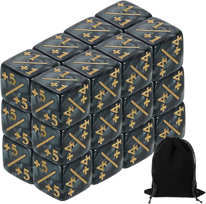 uxcell 24Pcs Magic Dice Counters, Acrylic D6 Life Token Dice Set with Pouch for Standard Cards Gaming Accessories, Black Marble