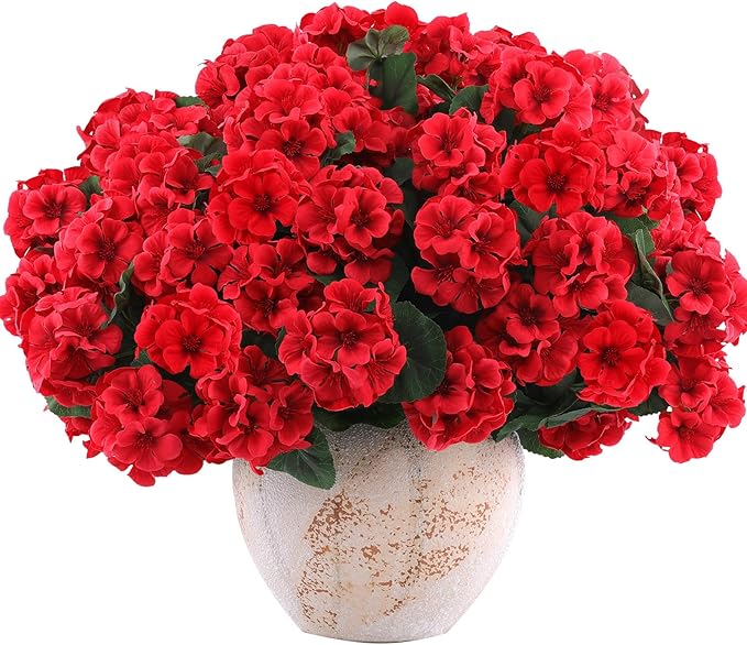 Hananona 6 Pcs Artificial Geranium Flowers for Outdoors Geranium Silk Red Flower Outdoor UV Resistant Garden Plants Faux Flowers for Christmas Home Kitchen Table Centerpieces Decor (6, Red)