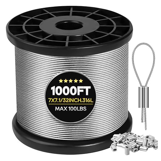 316 Stainless Steel Cable, 1000FT 1/32IN Wire Rope 7 * 7 Strand with 250Pcs Aluminum Sleeves Stops, Guide Wire for Outdoor String Lights for String Lights Hanging, Clotheslines, Trellis (1000FT)