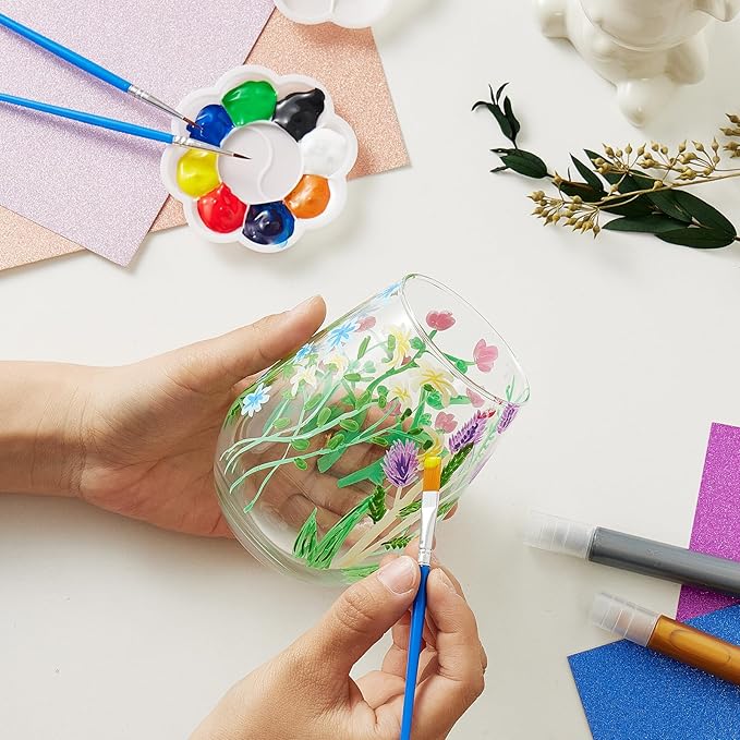 WJXCYGG 6 Sets Paint Your Own Wine Glass Set 6 Wine Glass 36 Glass Painting Acrylic Paint Strips 2 Glass Liner Pen 12 Markers with 12 Brushes and 6 Palette for Adults Lady Night Couple (Stemless)