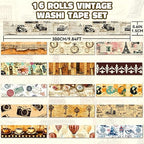 Washi Tape Set 16 Rolls, Decorative Tape, Vintage Washi Tape, Craft Tape, Scrapbook Tape, Washi Tape for Journaling, Washy Tape, Travel Washi Tapes