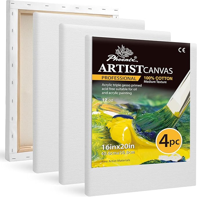 PHOENIX Professional Stretched Canvas for Painting - 16x20 Inch/4 Pack 3/4 Inch Profile, 100% Cotton 12 Oz. Heavy Duty Gesso Triple Primed White Blank Artist Canvases for Oil & Acrylic Paints