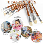 10pcs Short Handle White Hog Hair Artist Paint Brush Set by DUGATO Perfect for Acrylic Oil Gouache Watercolor, Painting Brushes Kit for Kids, Adults Fabulous for Canvas & Fabric