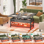 Aheaplus Coffee Table Lift Top Multi-Function Coffee Table Converts to Dining Table, with LED Light and Power Outlet, Center Table with Shelves for Living Room Reception Home Office, Black Oak