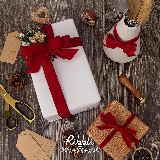 Ribbli Polyester Dark Red Velvet Ribbon,1 Inches Continuous10-Yard Spool,Christmas Ribbon for Gift Wrapping,Floral Bouquets, Home Decor