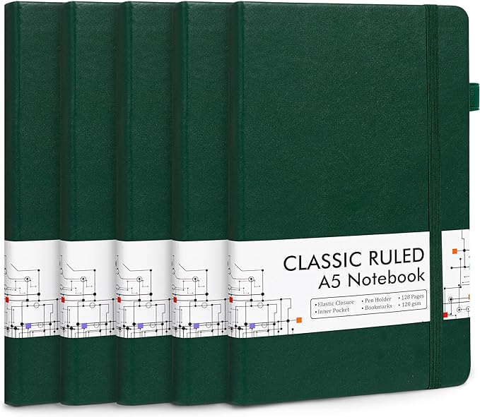 feela 5 Pack Journal Notebook Bulk for School, Hardcover Business Notebooks Classic Ruled Lined Journals with Pen Holder for Work Note Taking, with 5 Black Pens, 120 GSM, 5.1”x8.3”, A5, Dark Green