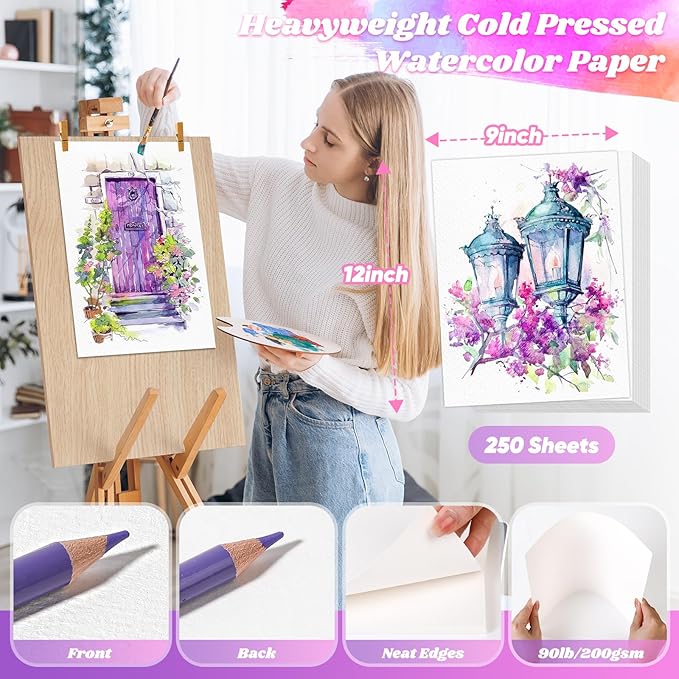 Watercolor Paper, 250 Sheets Water Color Paper Bulk, Art Supplies for Kids Adults, 9"x12" Artist Sketch Easel Painting Drawing Paper, Valentines Day Easter Basket Stuffers, Teacher & School Supplies