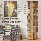 XIMN 360° Rotating Bamboo CD/DVD Shelf - 6-Tier Space-Saving Media Storage Cabinet for Movies, Organizer with Super Compact Design (Walnut, 6 Tier)