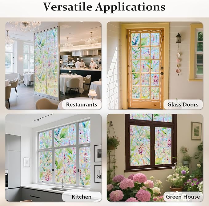 Donox Decorative Window Privacy Film, 3D Floral Stained Glass Window Film Static Cling Rainbow Privacy Sticker for Glass Door Heat Control Anti UV, No Adhesive (Gladiolus,17.5 x 157.4 inches)