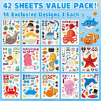 Aowplc 42 Pcs Ocean Animals Make-a-Face Sticker Sheets for Kids - 14 Sea Creature Designs for Party Favors, Classroom Activities, Arts & Crafts