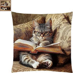 Stamped Cross Stitch Kits for Adults Beginners Pillow Needlepoint Kit with Embroidery Pattern Needlework Kit Prestamped Stitches Kit 11CT Cross Stitching-Cat Reading 18x18 inch