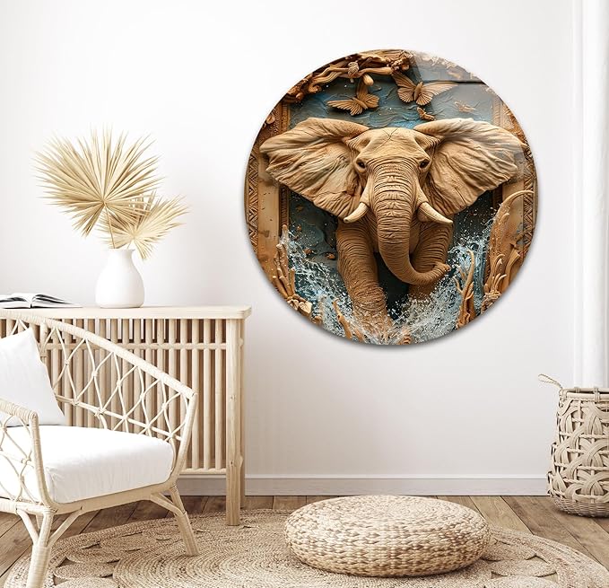 My Photostation.com 32Wx48H'' Elephant Carving Glass Wall Art Tempered Glass Printing Wall Decor Large Wall Art Wall Hangings