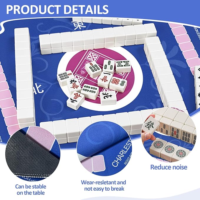 Mahjong Mat with Rules for Table with 6 Mahjong Playing Instructions,4 Mahjong Tile Mixer,4 Dice & Carrying Bag,Non-Slip and Silent Travel Mahjong Set for Mahjong/Poker/Board Games/Card Games/Dominoes