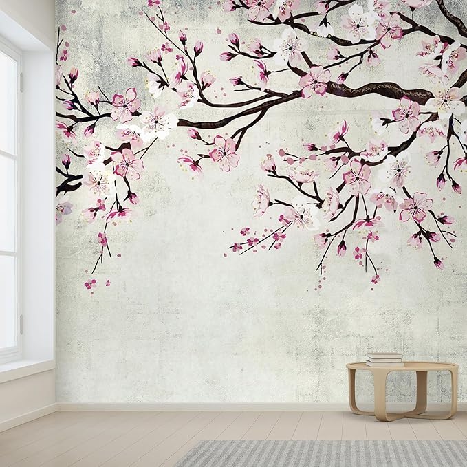 wall26 Wall Sticker/Wall Mural Watercolor Style Ink Painting Pink Cherry Blossom on Vintage, Not Peel and Stick, Non-Woven Wallpaper Decorative for Bedroom, Living Room, Office - 108x120 inches