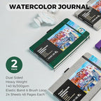 Funto Watercolor Journal, 8.5x5.5, 2 Pack, 48 Pages Each, Green Leather Cover, Cold-Pressed, Inner Paper Pocket, Art Supplies for Mixed Media