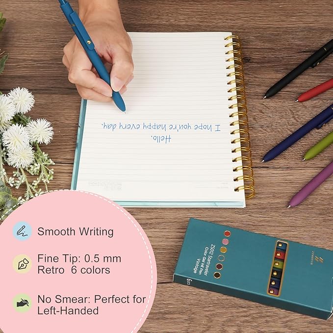 Ddaowanx Colorful Gel Pens, 0.5mm Fine Point Retractable,Multi Colored Pens for Journaling and Sketching,School Supplies,Stuffers for Teens, Gifts for Women (6Pcs-Vintage Colors)