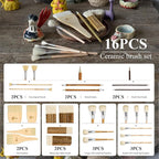 Pottery Glaze Brushes,16 PCS Painting Ceramic Brush Set, Different Shape Wool Soft Bristle for Ceramic Pottery Glazing Creation