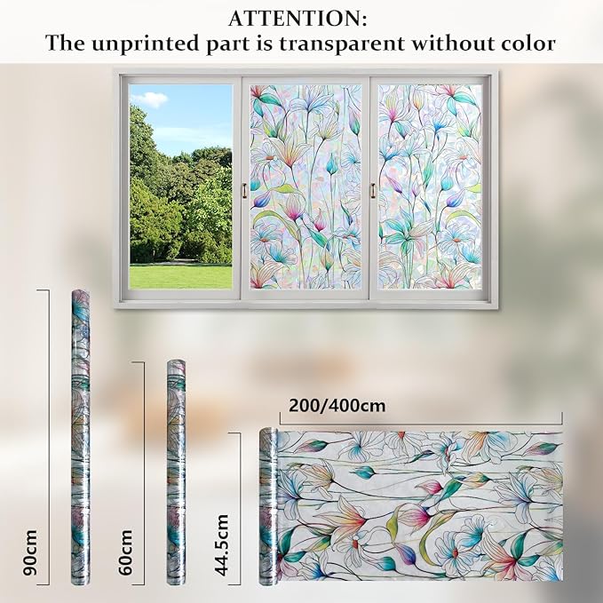 Donox Decorative Window Privacy Film, 3D Floral Stained Glass Window Film Static Cling Rainbow Privacy Sticker for Glass Door Heat Control Anti UV, No Adhesive (Magnolia,17.5 x 78.7 inches)