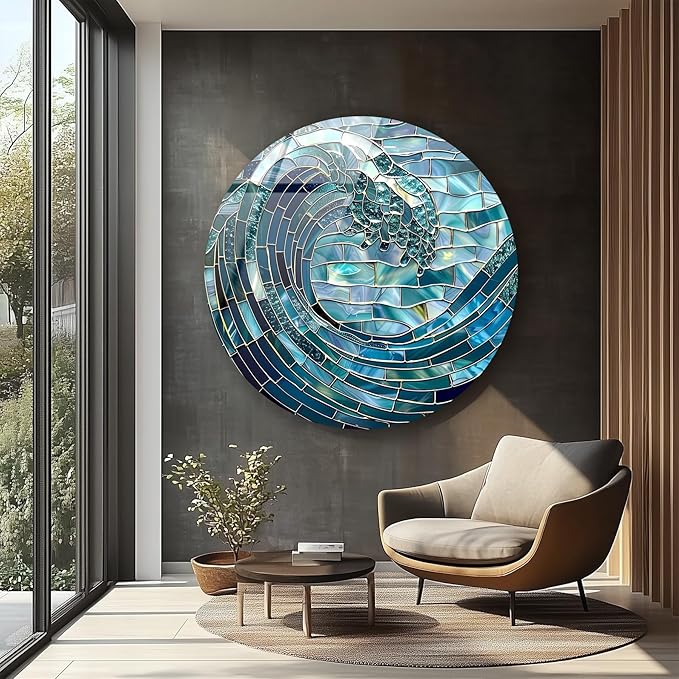 My Photostation.com 10''(25cm) Diameter Ocean Wave in Blue Mosaic Round Glass Wall Art Tempered Glass Printing Wall Decor Large Wall Art Wall Hangings