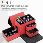 Dice Tray & Dice Tower Storage Box, 3 in 1 Dice Holder Case (Dice Rolling Tray, Rolling Tower, Storage Drawers), Leather Magnetic Closure DND Accessories Gifts for RPG MTG, Red/Black