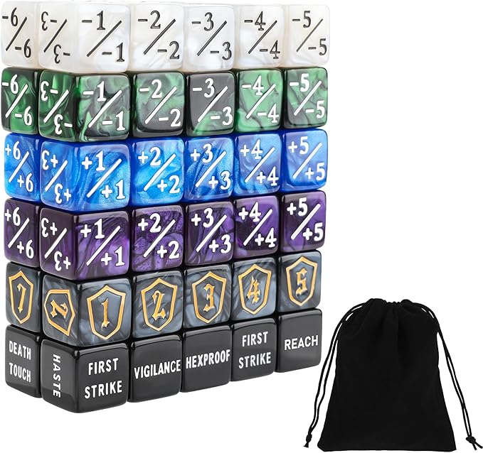 60PCS MTG Counters Set, Anglekai MTG Dice Counters for TCG Card Games, 10P Life Ability Keywords/ 40P -1/+1 Buff Tokens/ 10P Shield/Bag