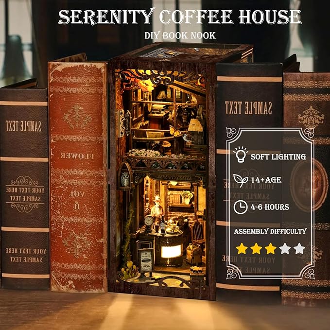 DIY Book Nook Kit 3D Puzzles for Adults Miniature House Kit Wooden Bookends Booknook Bookshelf Insert Decor with LED Lights Wood Crafts Gifts for Book Lovers - Serenity Coffee House