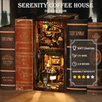 DIY Book Nook Kit 3D Puzzles for Adults Miniature House Kit Wooden Bookends Booknook Bookshelf Insert Decor with LED Lights Wood Crafts Gifts for Book Lovers - Serenity Coffee House