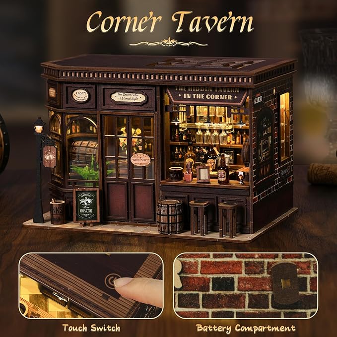 Book Nook Kit - DIY Miniature Dolls House Kit with Furniture and LED Light, 3D Puzzle Wooden Art Bookends, Model Kits for for Adults and Teens (Corner Tavern)
