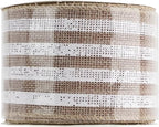 MEEDEE Burlap Wired Ribbon with White Stripe - 2.5 Inch Wired Ribbon for Cakes, Gift Baskets, Wreaths, Rustic Decor, Baby Showers, Beach, Farmhouse, 10 Yards