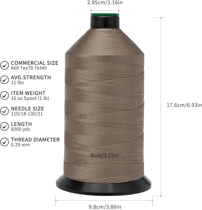 Extra Strong Bonded Nylon Thread #69 Tex70 – 16 OZ, 6000yds, Versatile Stitching Solution for Leather, Upholstery, Canvas Repair and More (Khaki)
