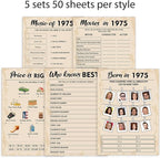 50th Birthday Party Games, Born in 1975 Games Bundle, Set of 5 Activities for 10 Guests, Birthday Party Supplies for Adults, Pack of 50 Cards