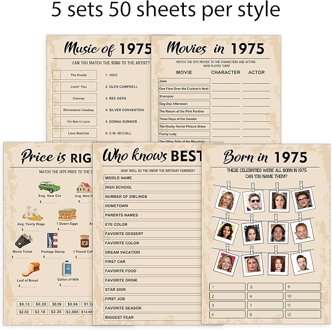 50th Birthday Party Games, Born in 1975 Games Bundle, Set of 5 Activities for 10 Guests, Birthday Party Supplies for Adults, Pack of 50 Cards