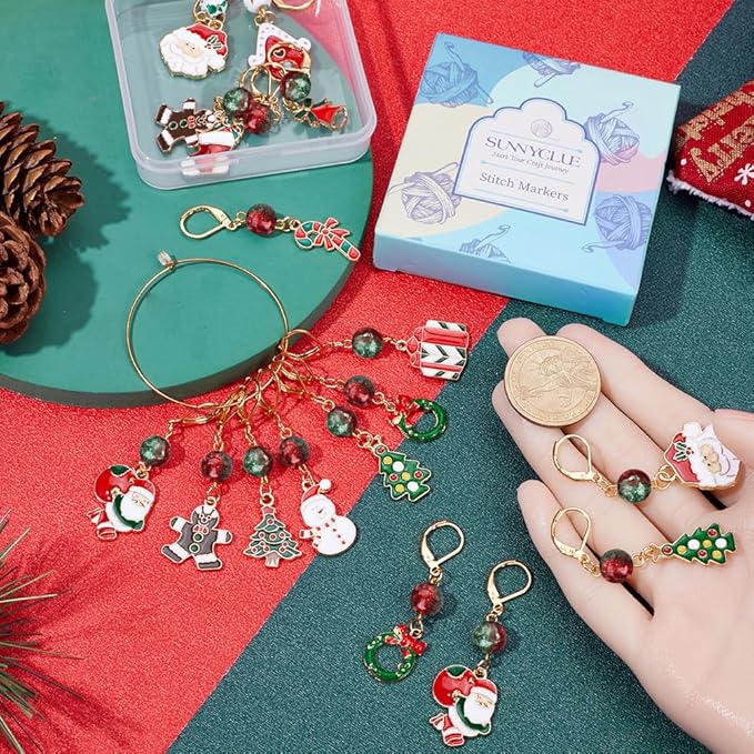 SUNNYCLUE 1 Box 24Pcs 12 Style Christmas Crochet Stitch Markers Stitch Marker Small Enamel Crochet Knitting Charms for Knitting Weaving Sewing Needleworks DIY Craft Supplies