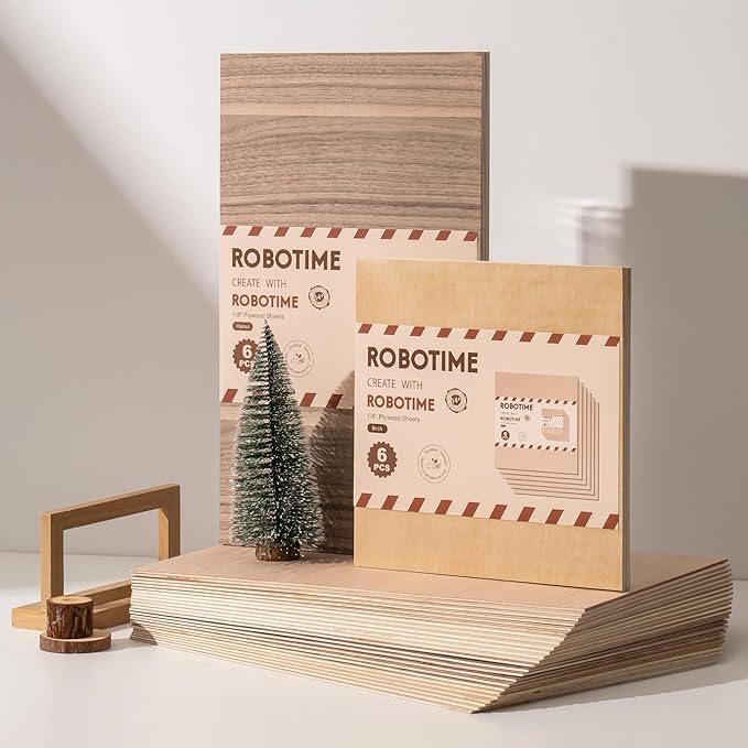 ROBOTIME Baltic Birch Plywood 1/8”, 3mm Plywood Crafting Wood Sheets 6 Pcs, 12"x12" Thin Birch Laser Wood Boards