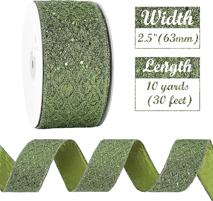 HUIHUANG Moss Green Wired Ribbon for Christmas Tree 2.5 inch Glitter Moss Diamond Mesh Ribbon for Tree Decoration, Wreaths, Garland, Gift Wrapping, Bows Making, Thanksgiving Decor -10 Yards