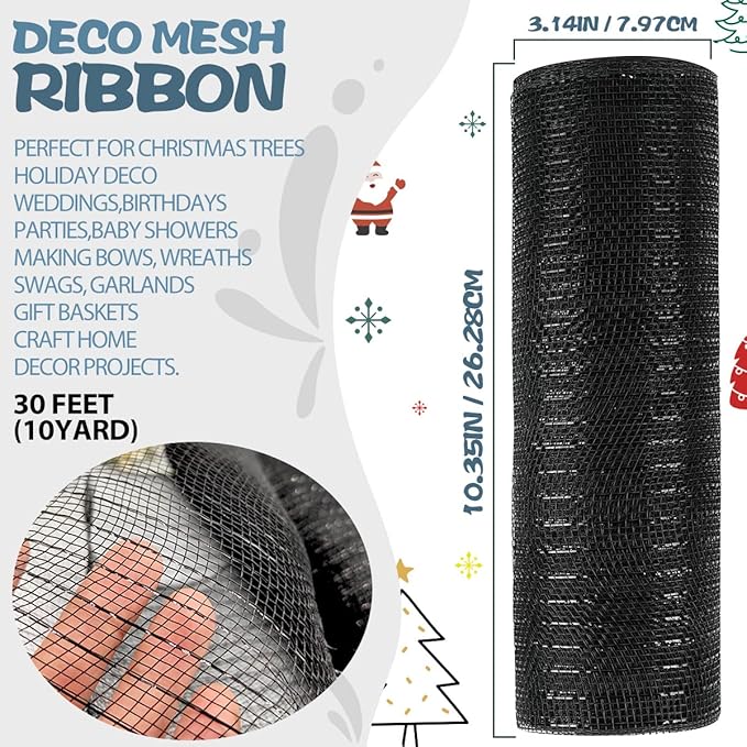 Anivia Deco Mesh Ribbon, 10inch x 30 Feet Each Roll Metallic Foil Mesh Ribbon for Wreaths Swags, Holloween, and Christmas Tree Decoration (Black)