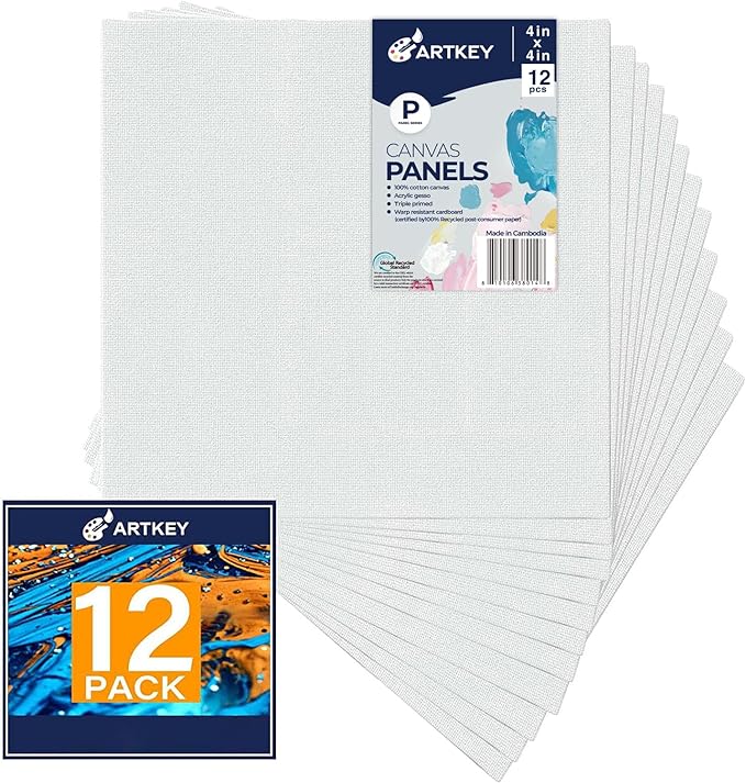 Canvas Panels 4x4 Inch 12-Pack, 10 oz Primed 100% Cotton White Blank Small Canvases for Painting, Square Flat Canvas Board for Oil Acrylics Watercolor & Tempera Paints