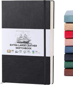 Beechmore Books A3 Sketchbook – 11.7x16.5 Premium Vegan Leather Bound Extra Large Sketch Book Hardcover, 160gsm 160 Perforated Ivory Pages, Blank Sketch Pad, Gift Boxed, Back Pocket, Ribbon Bookmark