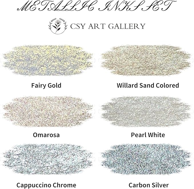 CSY art gallery Metallic -Pearlescent-Glitter Acrylic Ink -Shining Calligraphy Paint -Silver, Rose Gold Rich Pigments Perfect for Artists, Canvas, Rocks, Wood, Fabric, Ceramic (Galaxy Starlight Set)