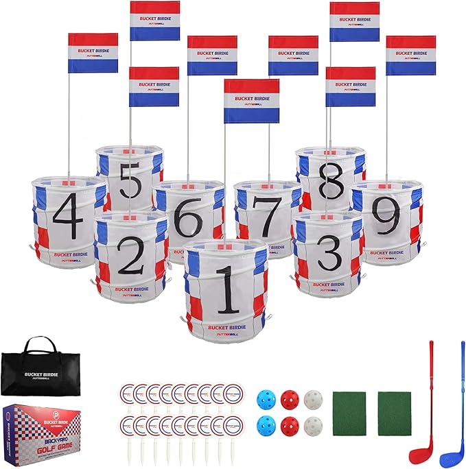 Bucket Birdie Backyard Golf Game — 9 Hole Bucket Golf Yard with Adjustable Clubs, Flags, Balls, Turf Mats, and Carry Bag — Outdoor Golf Game