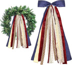 Large Blue Buffalo Plaid Ribbons Bow for Wreath, Red Orange Fall Fabric Ribbons Set Assorted Lace Ribbon Navy Clip-On Wreath Sash Ribbon Bundle for Thanksgiving Home Indoor Outdoor Decor