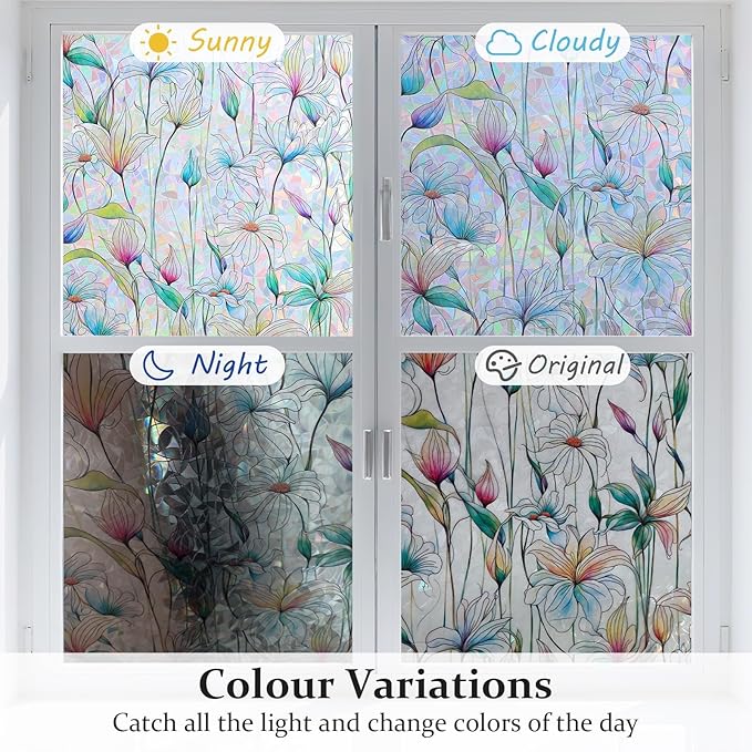 Donox Decorative Window Privacy Film, 3D Floral Stained Glass Window Film Static Cling Rainbow Privacy Sticker for Glass Door Heat Control Anti UV, No Adhesive (Magnolia,17.5 x 78.7 inches)