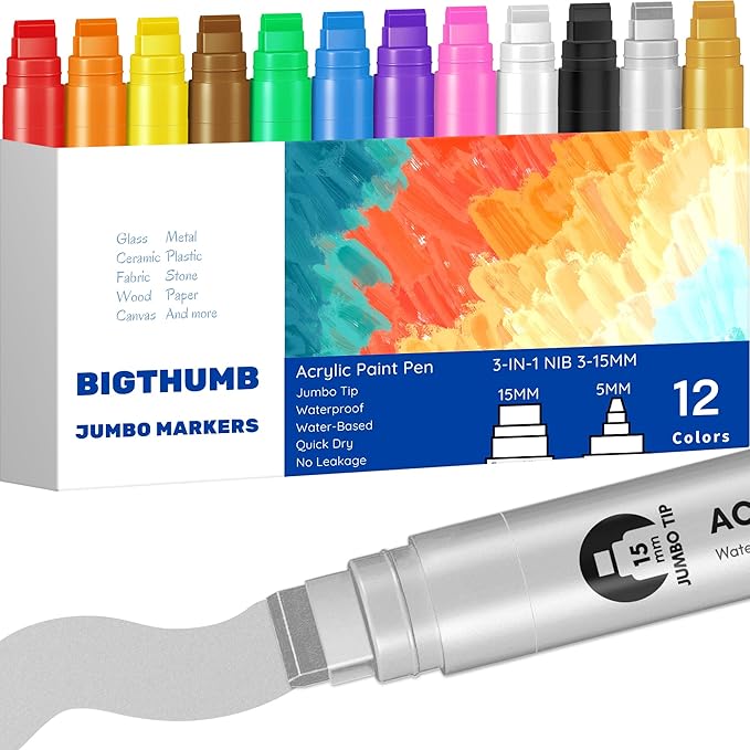 Jumbo Poster Markers Set: 12 Colors Large 15mm Wide Tip Permanent Ink Thick Acrylic Paint Pens for Rock Painting, Stone, Glass, Wood, Ceramic, Metal, Plastic, Fabric