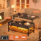 Aheaplus Coffee Table Lift Top Multi-Function Coffee Table Converts to Dining Table, with LED Light and Power Outlet, Center Table with Shelves for Living Room Reception Home Office,-S2, Espresso