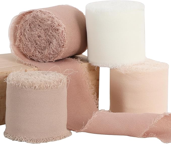 TONIFUL 4 Rolls Silk Chiffon Ribbon, 1-1/2 Inch x 22yds, Beige and Cream Chiffon Ribbons Set, Handmade Fringe Silk Ribbon for Gift Wrapping Bridal Bouquets Wedding Invitations Decoration Crafts