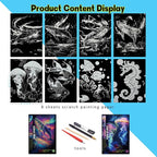 Scratch Paper Art for Adults-Glow in The Dark Scratch Painting Craft Kit (8 Sheets A4)|Foil Engraving Art Set|Stress Relief Gift for Craft Lovers|Creative Scratch Art Home Decor(Whales&Jellyfish)