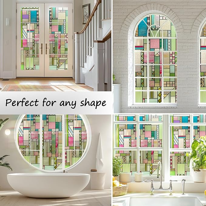 3D Stained Glass Window Privacy Film, Heat Control UV Blocking Static Cling Decorative Window Film for Bathroom,Front Door,Home Non Adhesive 35.4 x 78.7 inches Colorful Abstraction