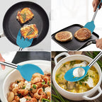 Silicone Spatula Spoon Set, 4 PCS Silicone Cooking Utensils Spatula Spoon Set with Stainless Steel Handle, BPA Free Kitchen Turners for Frying, Mixing, Serving, Draining, Turning, Stirring, Blue