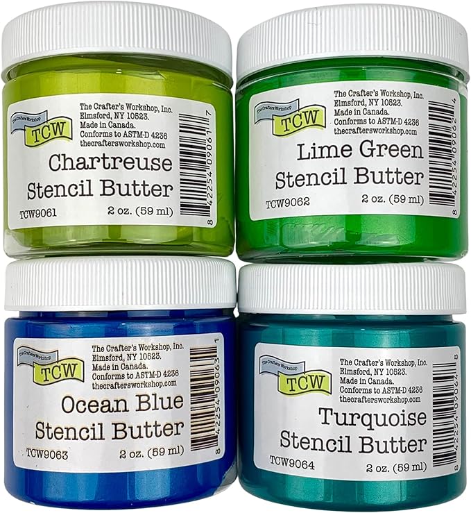 The Crafter's Workshop Stencil Butter - Caribbean Sea Acrylic Paint Set - Boutique Metallic Texture Paste for Art, Canvas, Journals, & Cards - 4 x 2oz Jars