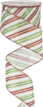 MEEDEE Red and Green Diagonal Striped Ribbon 2.5 Inch White Satin with Lime Green and Red Glitter Wired Ribbon for Christmas Tree, Garlands, Wreaths, Topper Bow (10 Yards)